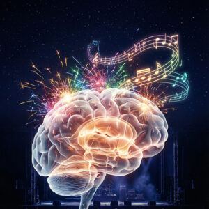 a human brain vibrating light and musical notes